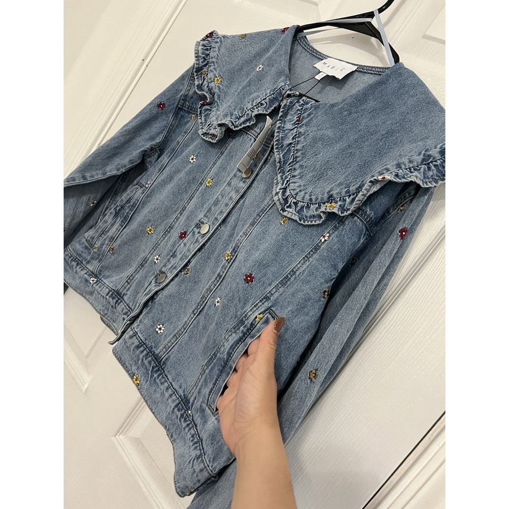 Cottagecore Denim Jacket Floral Embroidered Peter Pan Collar Coquette Fairycore - Picture 11 of 16